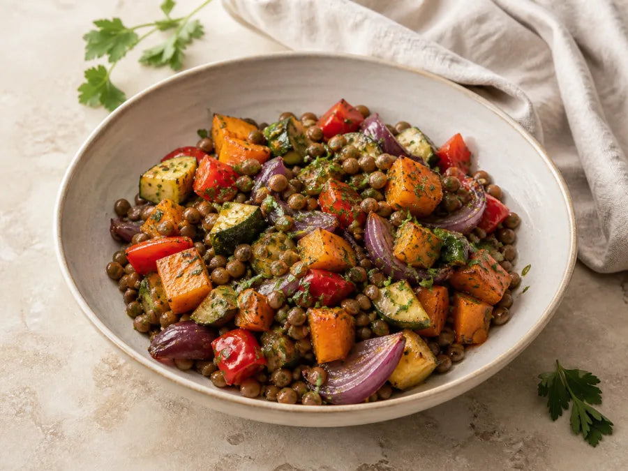 Warmer Linsensalat mit Ofengemüse
