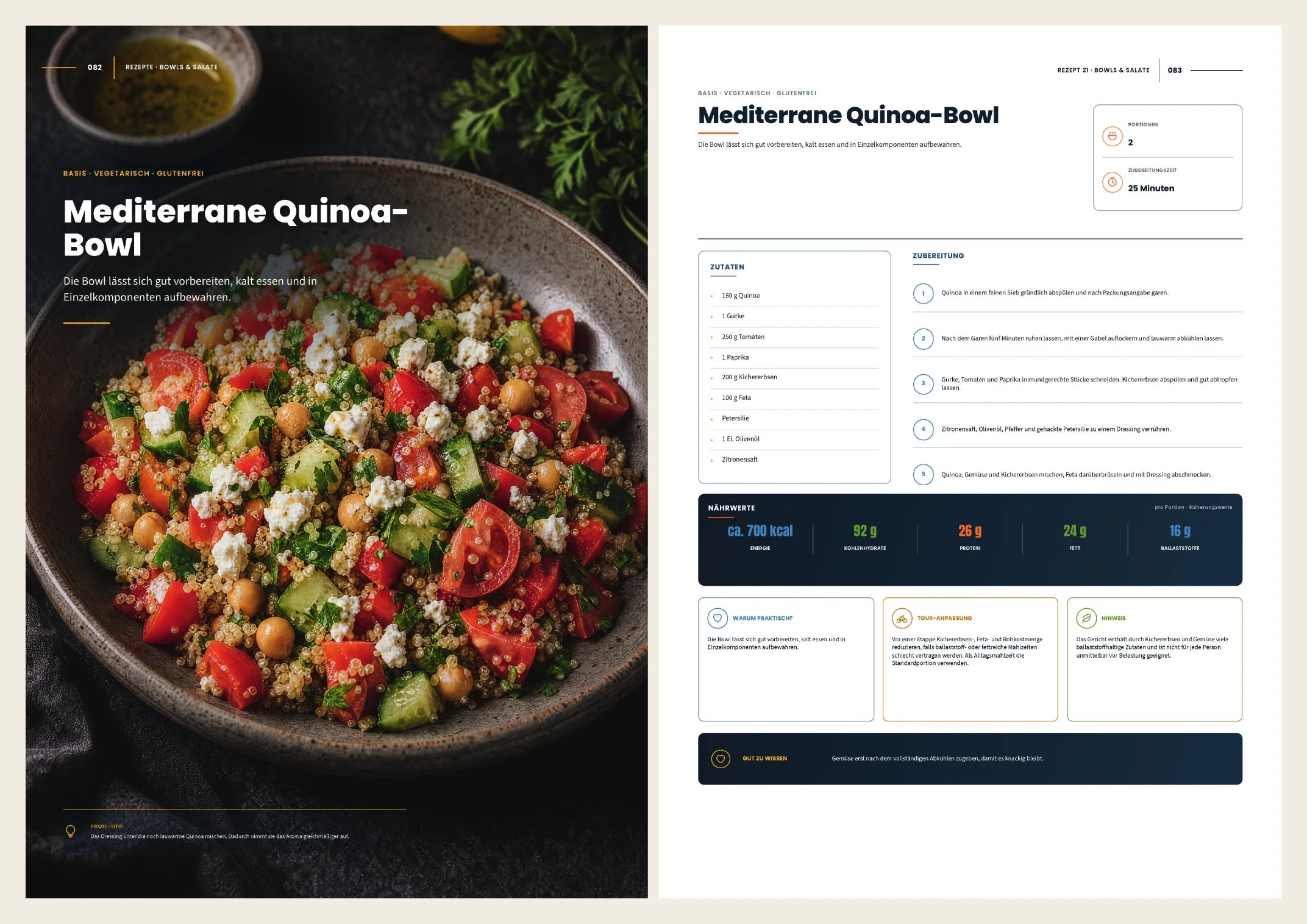 Doppelseite mit mediterraner Quinoa-Bowl und vollständigem Rezept