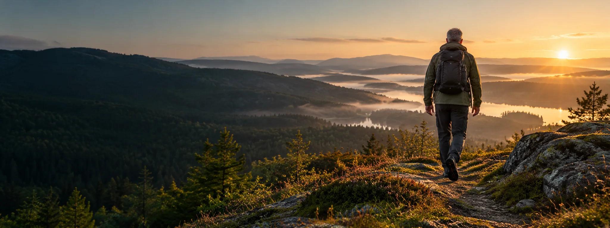 Aktiver Mensch auf einem Höhenweg im Morgenlicht